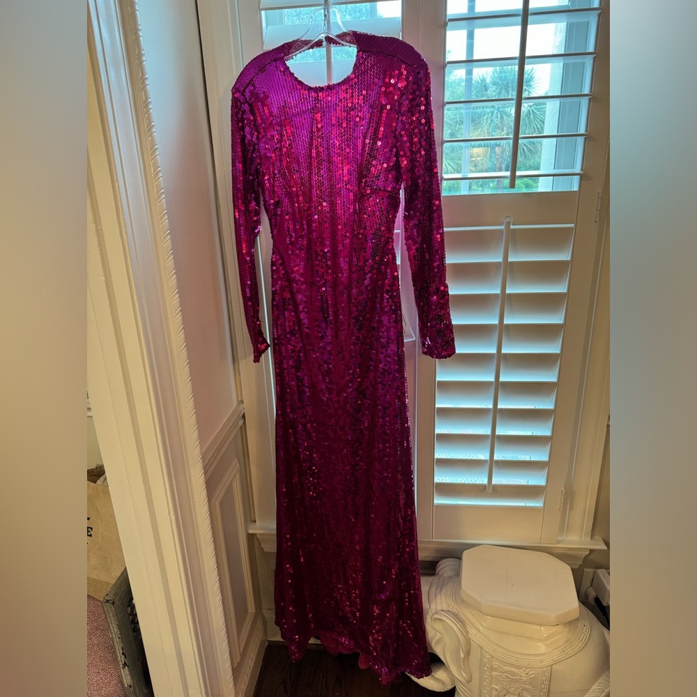 NWT Mac Duggal sequined long sleeve high neck open back gown